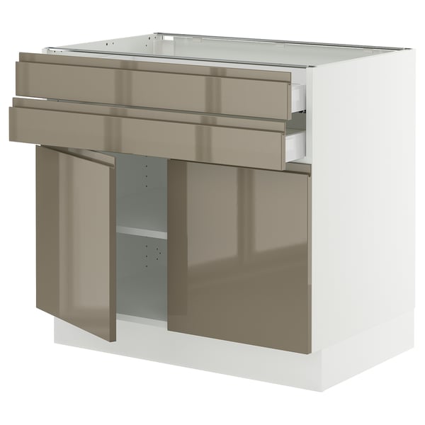 SEKTION kitchen unit, high gloss dark grey-brown, sleek design with handles, metal and wood material, rectangular shape with drawers.