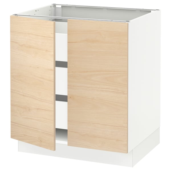 SEKTION kitchen cabinet, light ash wood. White base, open doors.