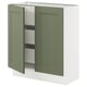 An ikea SEKTION kitchen cabinet with greenish-gray doors, open to show inner shelves, in a square shape.