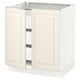 An off-white SEKTION kitchen cabinet with two open doors and a drawer. The cabinet is rectangular and a traditional design with bevelled edges.