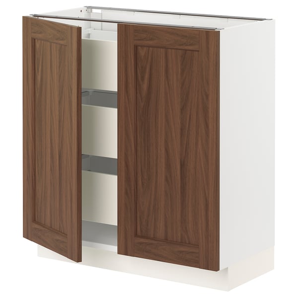 An open wooden cabinet from the SEKTION kitchen system with walnut-looking doors and white frame, featuring multiple shelves inside.
