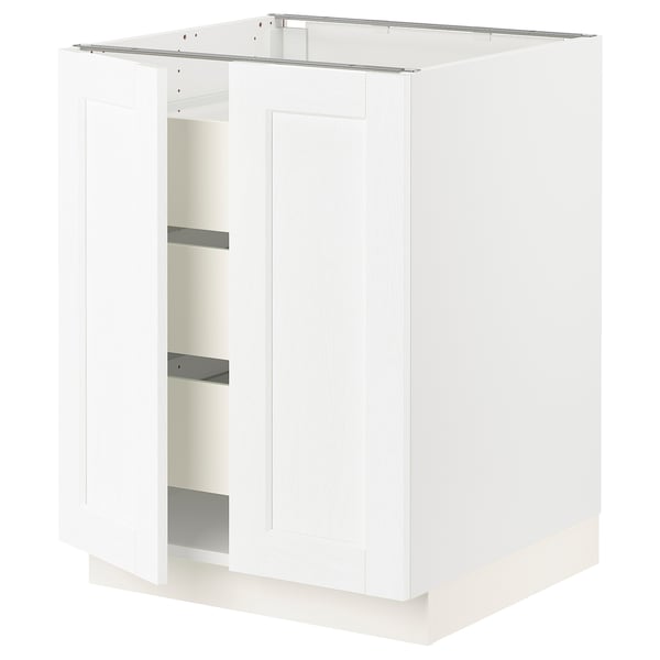 White SEKTION kitchen cabinet with one open door, showcasing interior shelves. Square design, modern look.