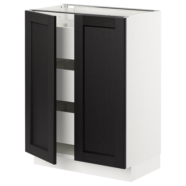 Ikea SEKTION dark gray cabinet with shelves, wooden doors, modern design.