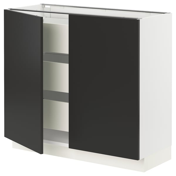 A sleek black and white SEKTION kitchen cabinet with a modern design, featuring dark grey doors and internal shelves.