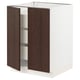 A white SEKTION kitchen cabinet with dark brown wooden doors. It a frame with metal hinges and a smooth drawer system.