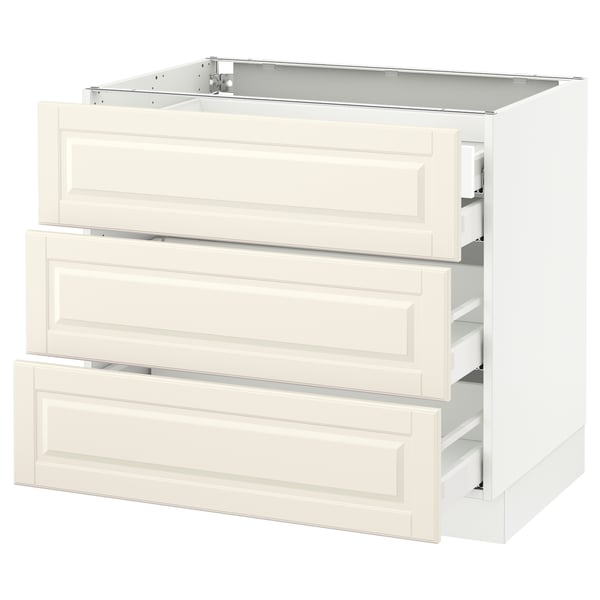 SEKTION kitchen cabinet, white, 3 drawers, bevelled edges, open top showing metal runners.