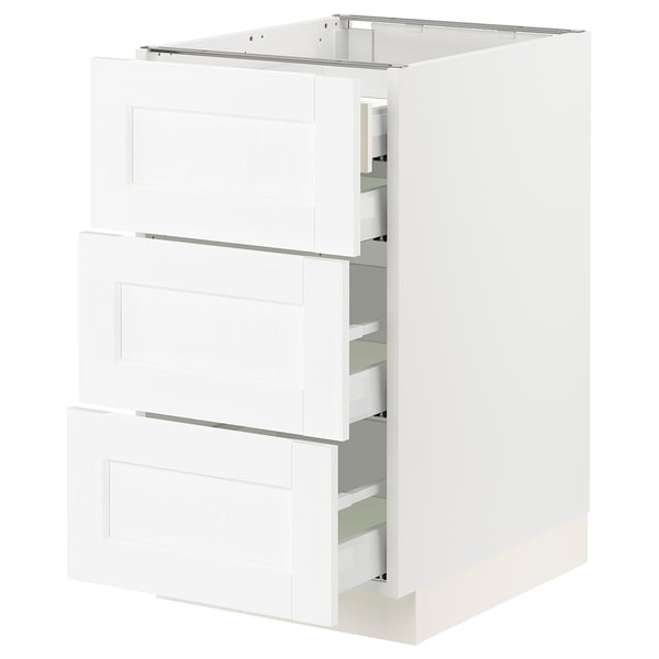 Ikea SEKTION white kitchen cabinet with three drawers, rectangular shape, smooth fronts.