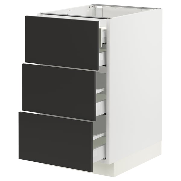White and black kitchen drawers, modern, vertical, three full-extension.