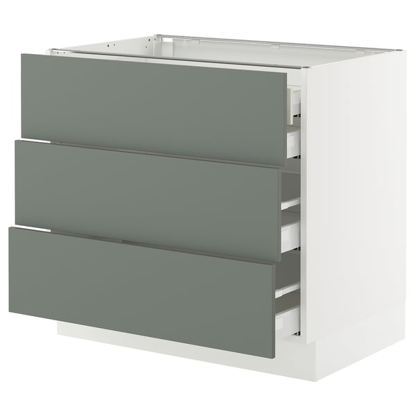 Grey-green ikea SEKTION kitchen unit with 3 drawers.
