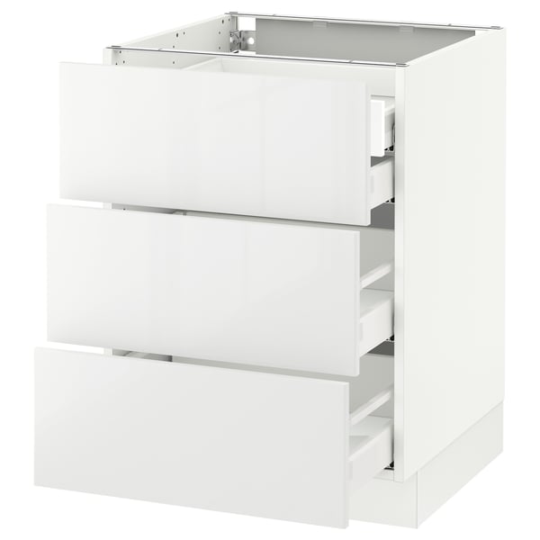Modern white glossy kitchen unit with three drawers.