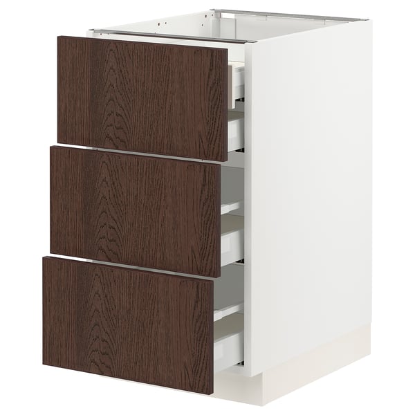 Ikea SEKTION kitchen unit - white base, dark brown wood draws, three drawers.