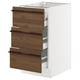 A SEKTION kitchen cabinet with dark brown stained ash veneer drawers and white base.