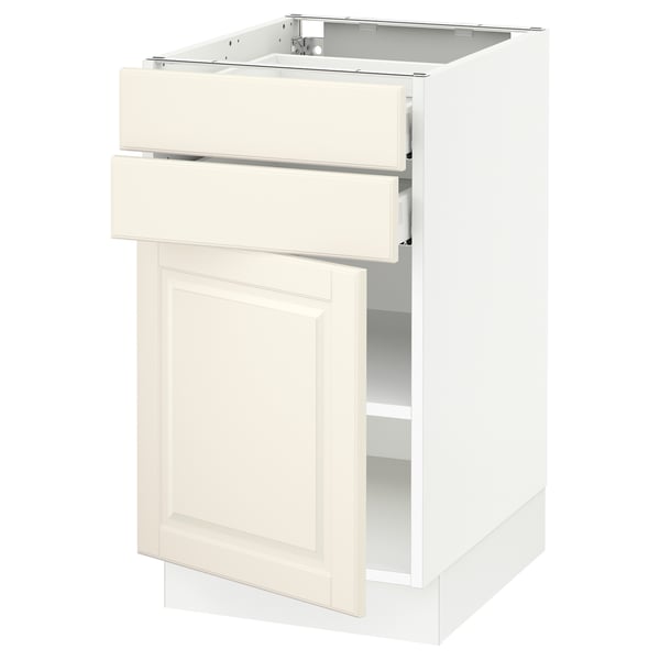 An off-white SEKTION kitchen cabinet with drawers and a door. Its traditional style bevelled edges and a sturdy frame.
