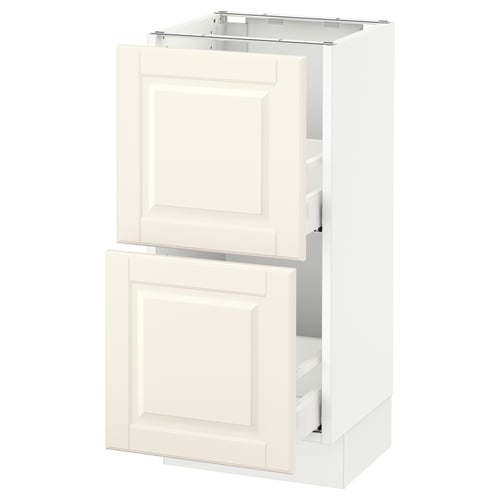 WhiteSEKTION kitchen cabinet with two off-white bodbyn drawers. Square and sleek design, modern traditional look.