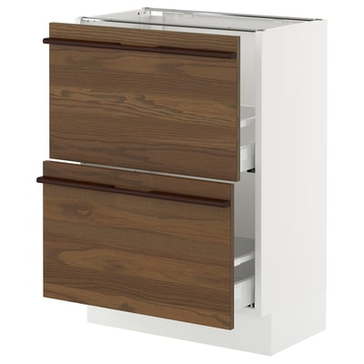 SEKTION kitchen cabinet in white & walnut wood grain with wooden handles.