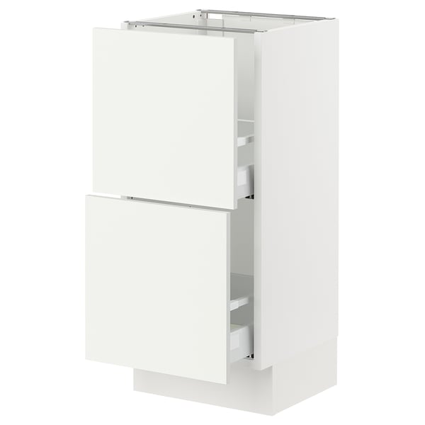 White SEKTION kitchen cabinet with vallstena fronts, rectangular, minimalist design, two drawers.