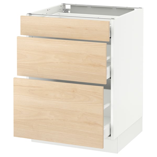 Wooden kitchen cabinet: SEKTION, light ash, three drawers, smooth finish.