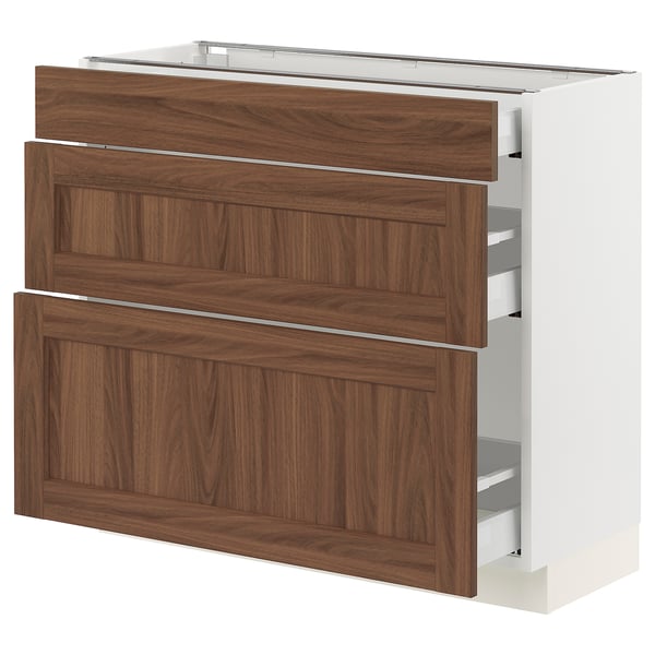 Ikea SEKTION kitchen unit, white & walnut, 3 drawers, rectangular.
