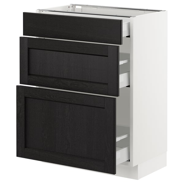 Modern kitchen cabinet, white with black wood drawers, minimalist design.