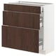 Dark wood-grain kitchen cabinet with three drawers, sleek white handles, and smooth finishes.