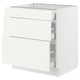 Displays a white SEKTION kitchen cabinet with multiple drawers.