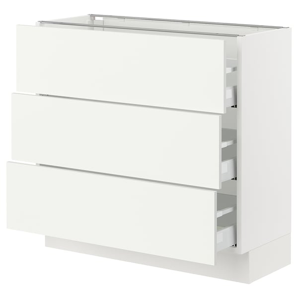A SEKTION kitchen unit in white with three drawers. It a modern, minimalist design with smooth-running drawers.