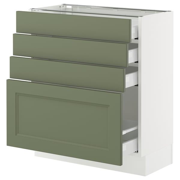 An ikea SEKTION kitchen cabinet in grey-green with four drawers and one storage section. Its rectangular and has a modern design.