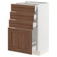 An ikea SEKTION kitchen cabinet with walnut-colored drawers and a white base. It four drawers and one cabinet door.