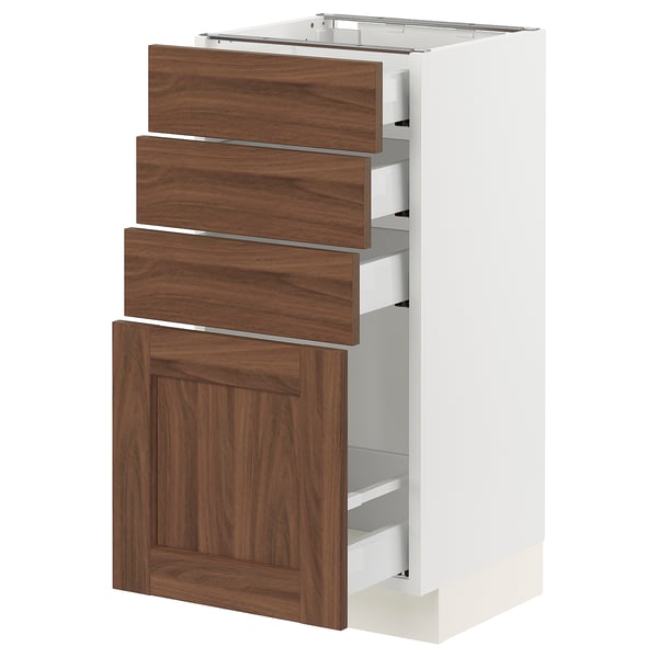 Ikea SEKTION kitchen cabinet with walnut drawers and white base.