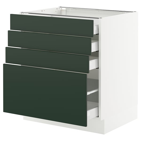 SEKTION kitchen unit in green with four drawers. Modern, white frame, sleek design.
