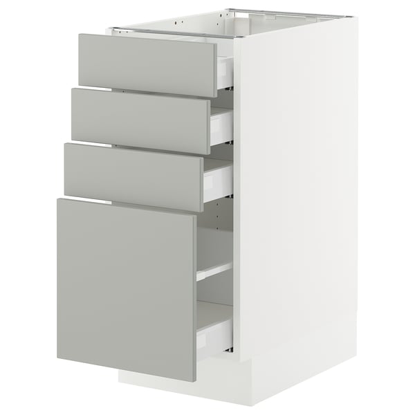 A SEKTION kitchen cabinet in light grey with multiple drawers. The cabinet a sleek, modern design with a sturdy frame.