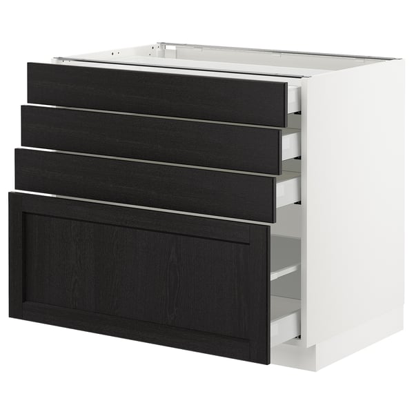 IKEA SEKTION kitchen cabinet with black drawers and door, bevelled edges.