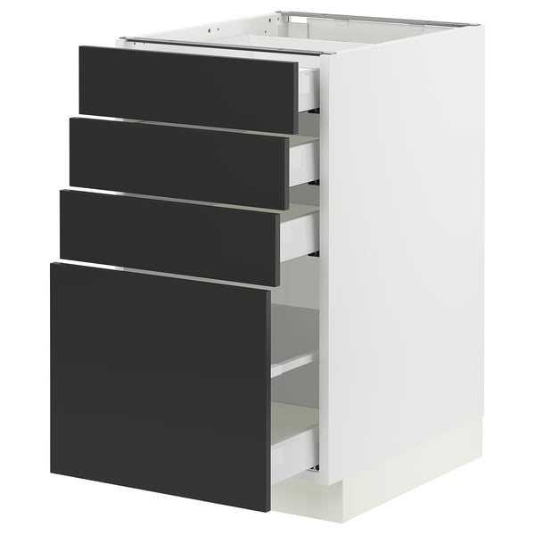 Modern SEKTION kitchen cabinet in white with four black drawers. Sleek, minimalist design.
