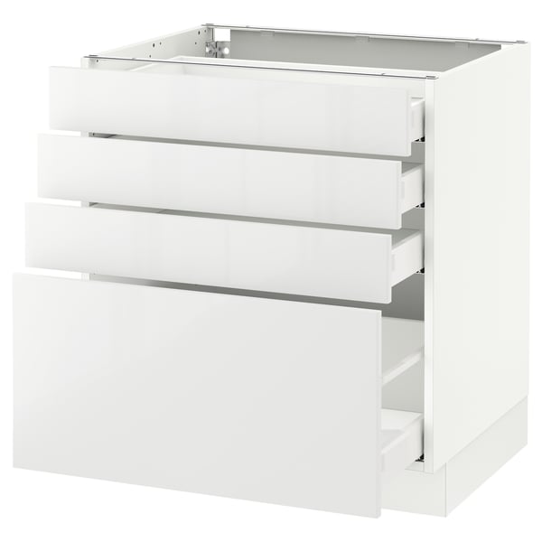 White high-gloss kitchen cabinet with four drawers, sleek modern design.