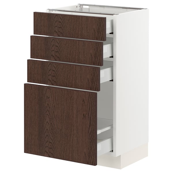 SEKTION kitchen unit with dark brown wooden drawers and white frame, four medium drawers, one large drawer in sleek modern design.