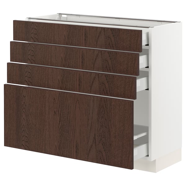 The SEKTION kitchen cabinet four dark brown drawers with oak veneer, set in a white frame. Modern, rectangular design with sturdy construction.