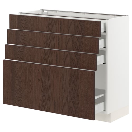 The SEKTION kitchen cabinet four dark brown drawers with oak veneer, set in a white frame. Modern, rectangular design with sturdy construction.
