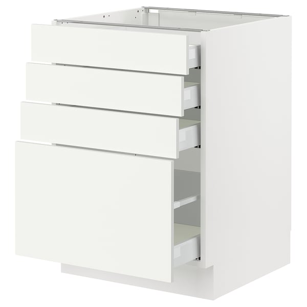 A white ikea SEKTION kitchen cabinet with multiple drawers. Its sleek and modern, ideal for storing kitchen items.