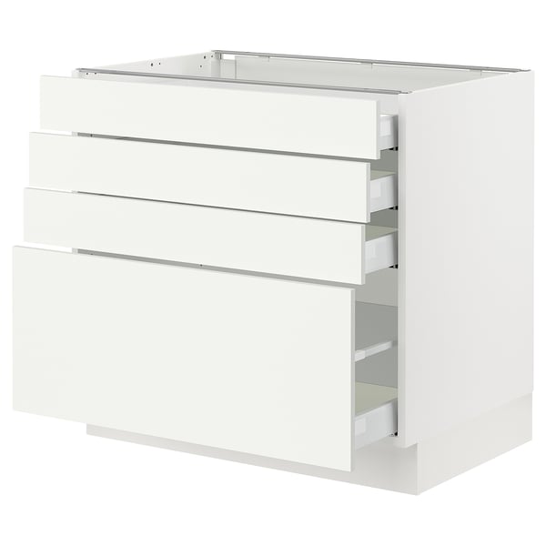 Modern white kitchen cabinet with multiple drawers and sleek design.