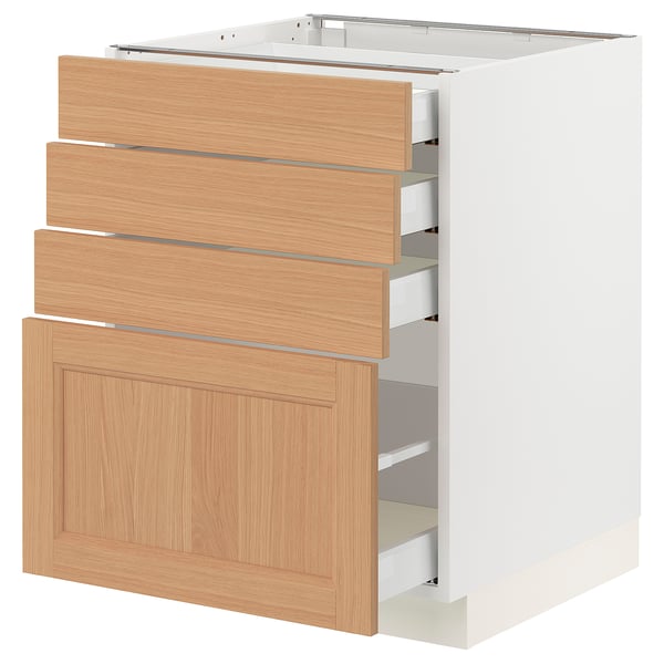 An ikea SEKTION kitchen cabinet with a white frame and wooden drawers. It has a modern design with four drawers in natural oak.