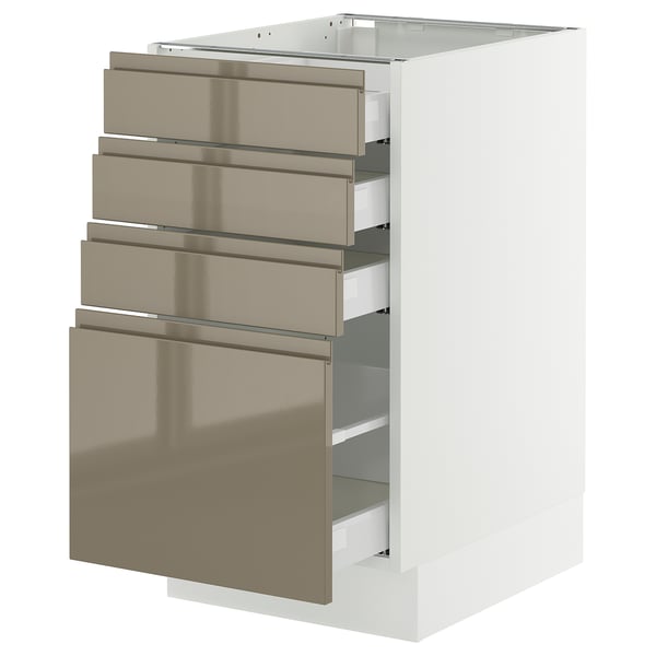 A modern white kitchen cabinet with stainless steel drawers in dark grey-brown.