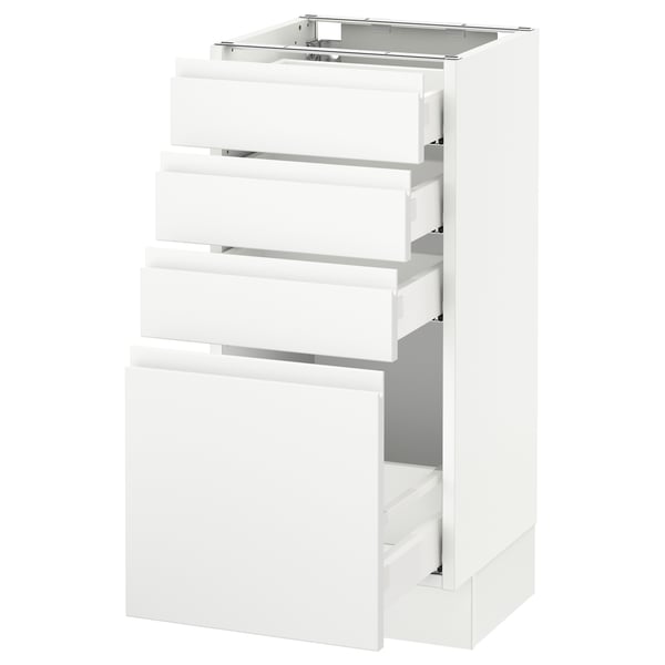 A white SEKTION kitchen cabinet with multiple drawers. It a sleek, modern design with integrated handles.