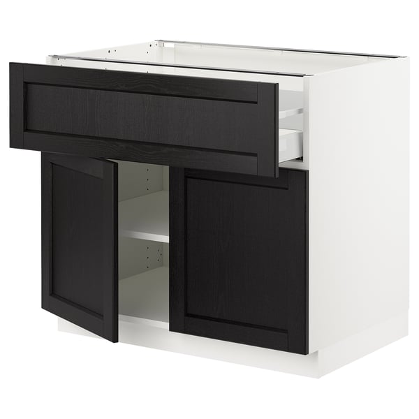 A SEKTION kitchen cabinet with black stained lerhyttan doors and drawers, featuring bevelled edges and adjustable shelves.