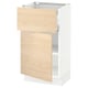 White kitchen cabinet with light wood doors. One large, one small drawer.