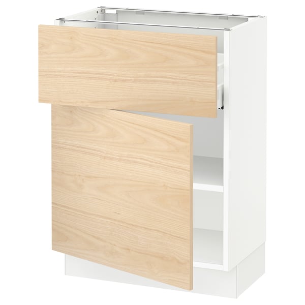 Modern kitchen cabinet, white & light wood, with pullout shelves and adjustable hinges.