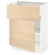 Modern kitchen cabinet, white & light wood, with pullout shelves and adjustable hinges.