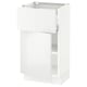 Missing its door, this high-gloss white cabinet stands tall with one shelf exposed. Modern and minimalist, its ready for any kitchen.