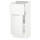 Depicts a white SEKTION kitchen cabinet with minimalist design, featuring a single door and adjustable shelves.