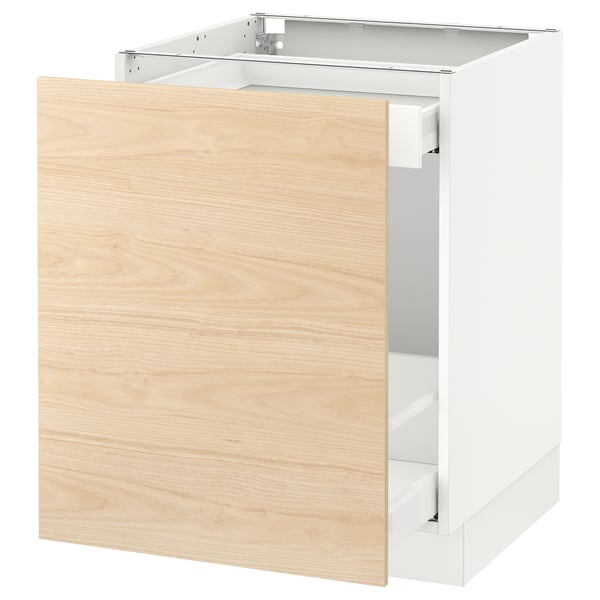 Modern off-white kitchen cabinet with light ash wood drawer, sleek and minimalist design.