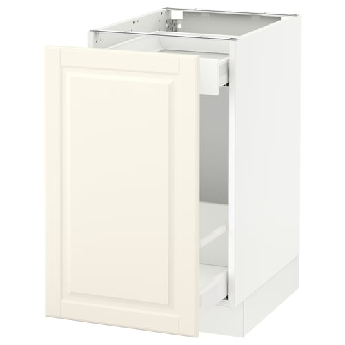 Off-white kitchen cabinet, modern design, bevelled edges, full extension drawer, sturdy frame.